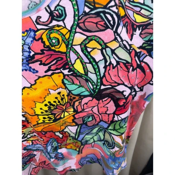 Y2K Take Two Clothing Co Embellished Floral Butterfly Top XL Colorful Beaded Tee - Picture 2 of 7